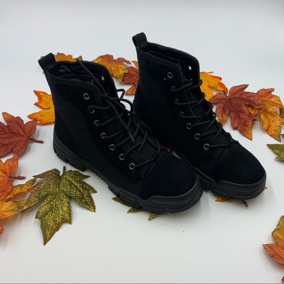 Canvas & Faux Suede Combat Boots in Black - Picture 3 of 8